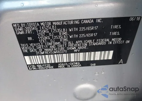 2018 Toyota Rav4 Xle из США, поврежденный, VIN 2T3WFREV3JW483370